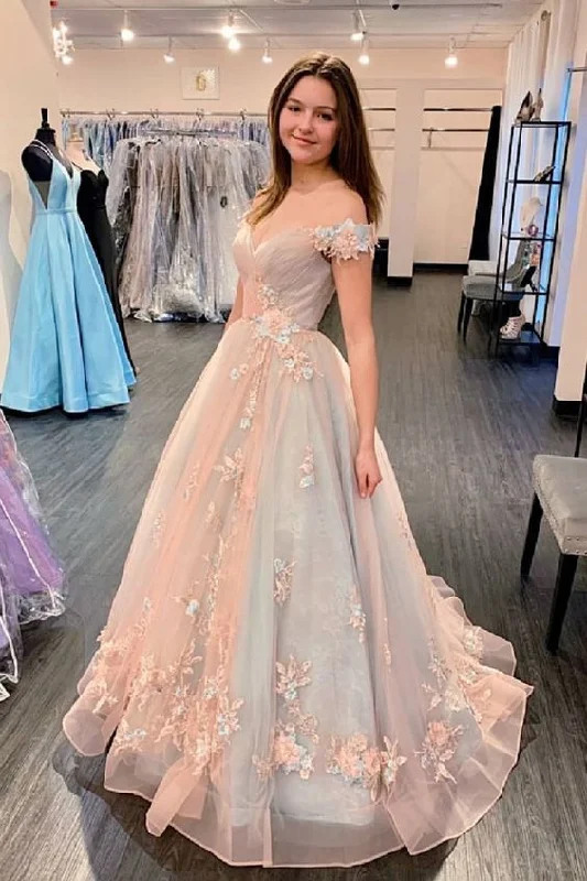 princess off the shoulder pink long and floral prom dress quincerean dress   cg15867