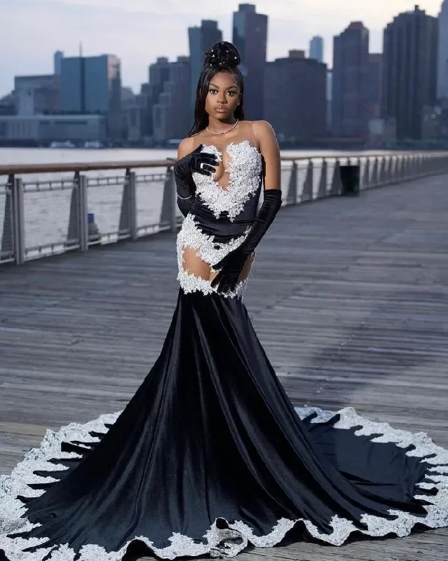 Black White Mermaid Long Evening Party Dresses Sexy See Through Luxury Applique Prom Birthday Dress with Gloves Velvet Black White Mermaid Long Evening Party Dresses Sexy See Through Luxury Applique Prom Birthday Dress with Gloves Velvet