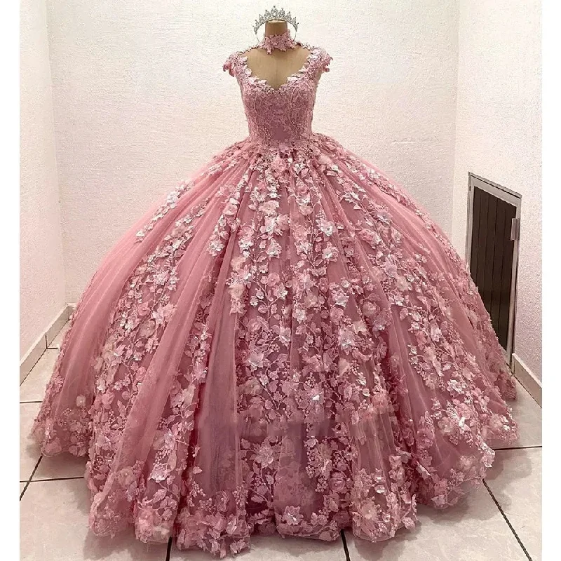 Pink 3D Flowers Quinceanera Dresses Luxury Pearls Beading Appliques Vestidos De 15 Anos Birthday Party Princess Pink 3D Flowers Quinceanera Dresses Luxury Pearls Beading Appliques Vestidos De 15 Anos Birthday Party Princess