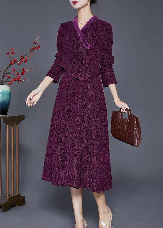 Women Dull Purple Jacquard Slim Fit Warm Fleece Dresses Winter
