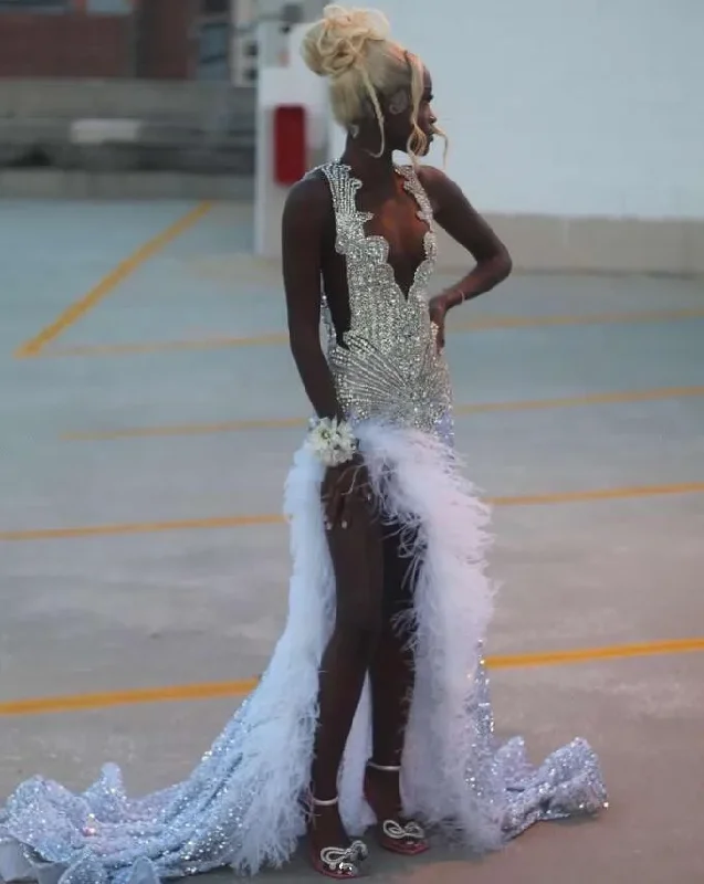 Silver Diamond Sparkly Long Prom Birthday Dresses for Black Girl 2024 Luxury Feather Crystal Velvet Evening Gala Dress Silver Diamond Sparkly Long Prom Birthday Dresses for Black Girl 2024 Luxury Feather Crystal Velvet Evening Gala Dress