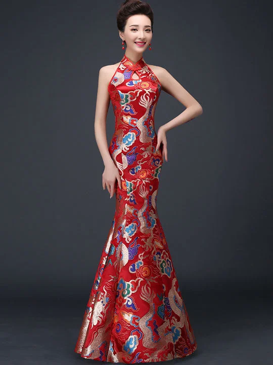 Halter Dragon Mermaid Qipao / Cheongsam Dress with Cutout Back