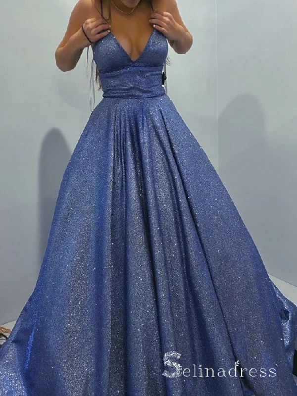 Chic A-line Spaghetti Straps Blue Long Prom Dresses Sparkly Evening Dress CBD283