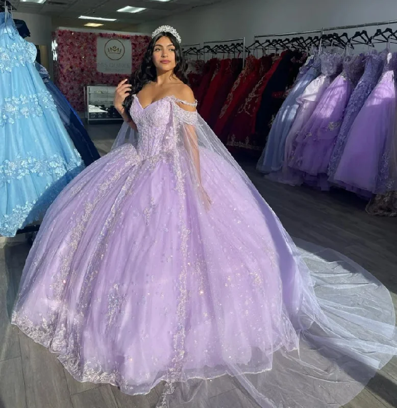Cute Lilac Flowers Princess Quinceanera Dresses With Detached Cape Beads Crystal Sweet 16 Dress Vestido De 15 Años Prom Cute Lilac Flowers Princess Quinceanera Dresses With Detached Cape Beads Crystal Sweet 16 Dress Vestido De 15 Años Prom