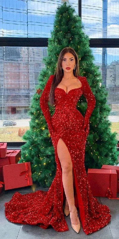 Long Sleeves Red Sequin Prom Dresses, Sexy Side Slit Mermaid Prom Dresses, 2021 Prom Dresses cg15973 Long Sleeves Red Sequin Prom Dresses, Sexy Side Slit Mermaid Prom Dresses, 2021 Prom Dresses cg15973
