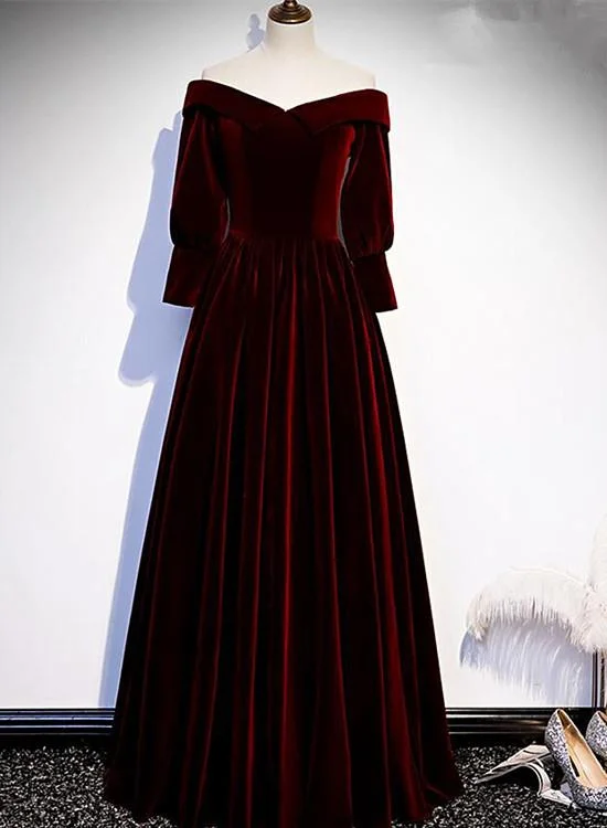 Chic Off Shoulder Long Sleeves Velvet Party Dress, Wine Red Prom Dress Evening Dress cg15883 Chic Off Shoulder Long Sleeves Velvet Party Dress, Wine Red Prom Dress Evening Dress cg15883