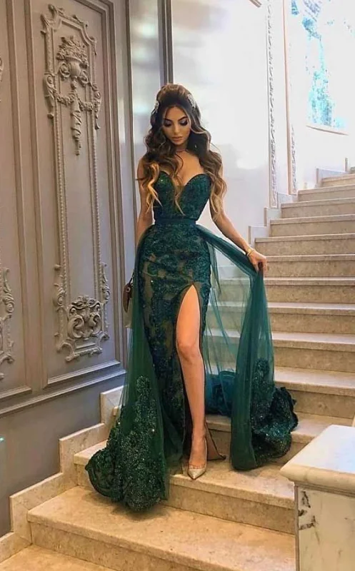 Vintage Green Tulle Appliques Mermaid Evening Dress Elegant Slit Party Prom Dress cc1774 Vintage Green Tulle Appliques Mermaid Evening Dress Elegant Slit Party Prom Dress cc1774