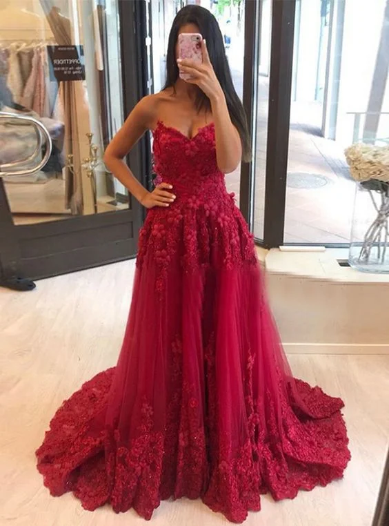 Burgundy Tulle Sweetheart Appliques Long Prom Dress 2021    cg15665