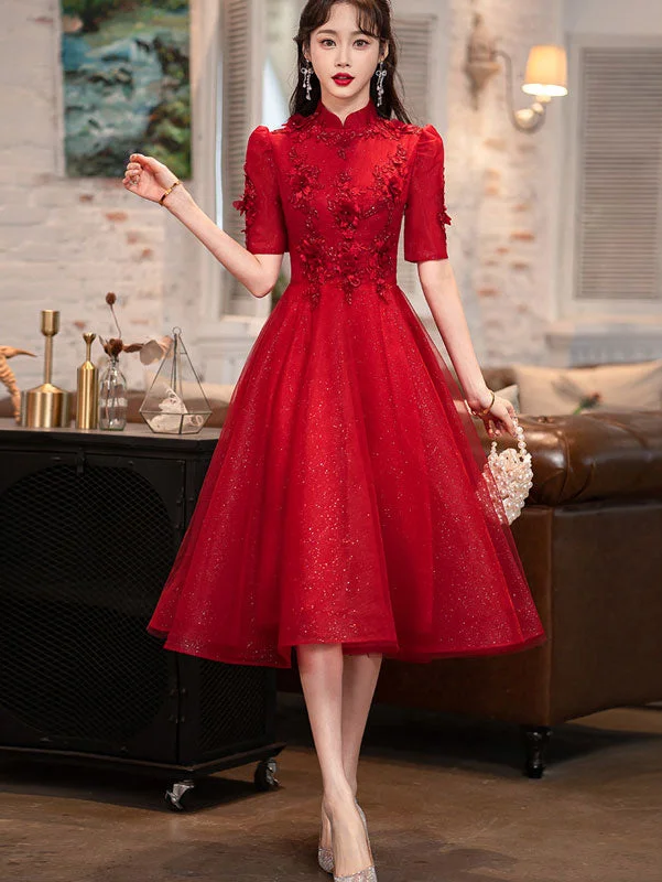 Red Appliques A-Line Tulle Cheongsam Qi Pao Dress