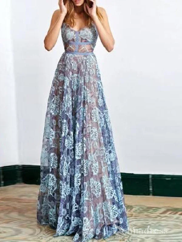 A-line Spaghetti Straps Blue Long Prom Dresses Lace Evening Gowns CBD467