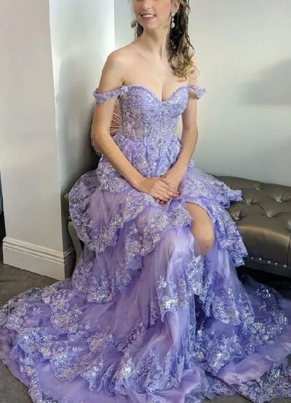 Charming Tulle Appliques Tiered Ruffles Long Prom Dress Slit  Party Evening Gown cc1781