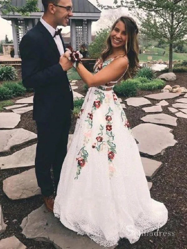 A-line Straps Embroidery Long Prom Dresses Cheap Evening Gowns CBD514