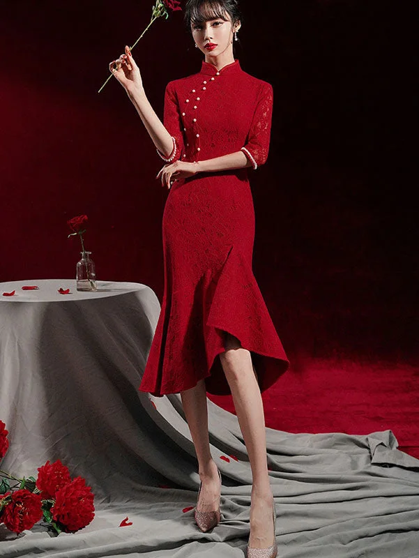 Burgundy Lace Tea Fishtail Wedding Cheongsam Qi Pao Dress