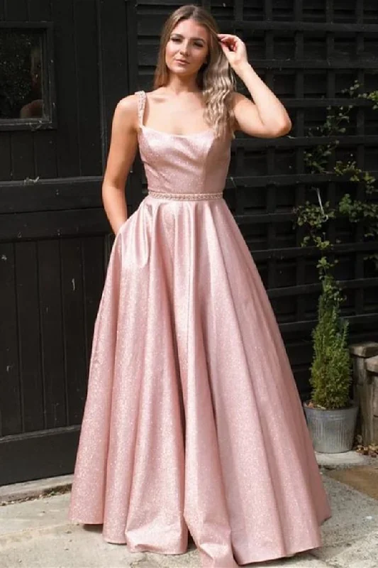 Shiny Open Back Floor Length Long Pink Prom Dress    cg15710