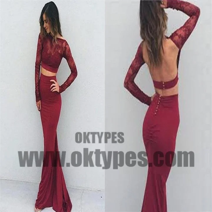 Red Two Piece Top Lace Jersey Prom Dresses, Bateau And Backless Prom Dresses, TYP0672 Red Two Piece Top Lace Jersey Prom Dresses, Bateau And Backless Prom Dresses, TYP0672