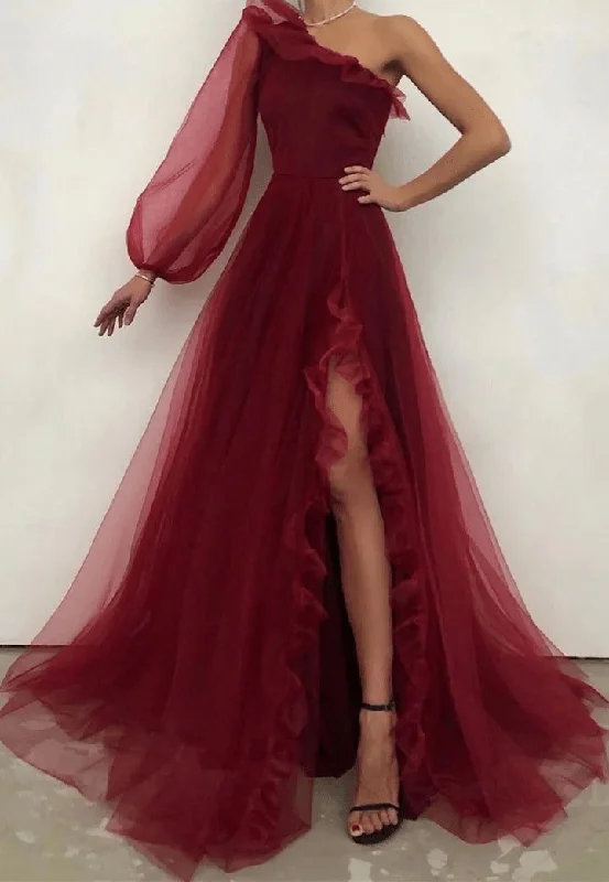 Burgundy One Shoulder Tulle Slit Pleated Evening Dress A Line Party Prom Dress cc1773 Burgundy One Shoulder Tulle Slit Pleated Evening Dress A Line Party Prom Dress cc1773