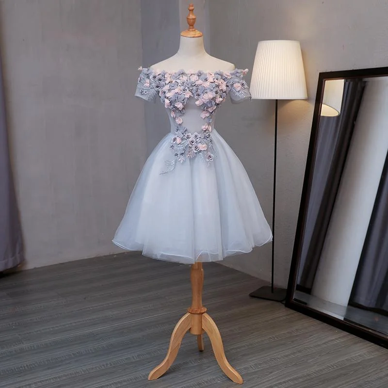 Light Grey Tulle Short Prom Dress With Flowers, Grey Homecoming Dress Graduation Dress cg15747 Light Grey Tulle Short Prom Dress With Flowers, Grey Homecoming Dress Graduation Dress cg15747