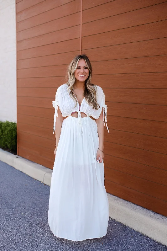 Embrace the Memories Shirred Maxi Dress - White