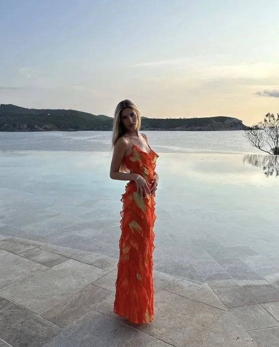 Sexy Straps Chiffon Long Tiered Slit Prom Dress Party Evening Dress cc1789