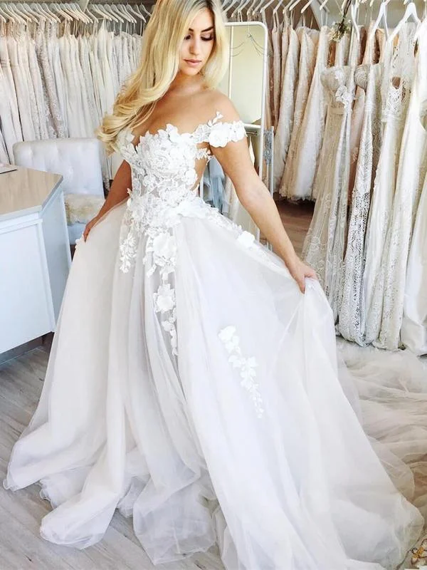 Chic A-line Off-the-shoulder White Long Prom Dresses Applique Wedding Gowns CBD222
