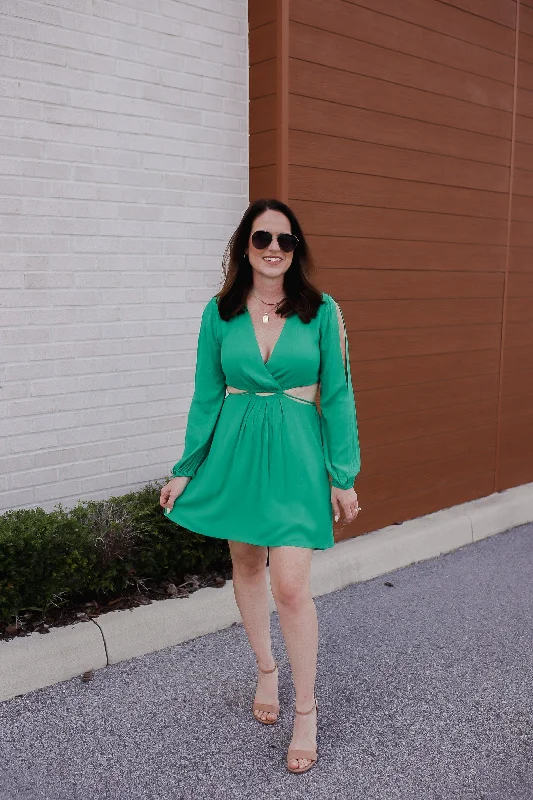 Never Upstaged Cutout Open Sleeve Dress - Green