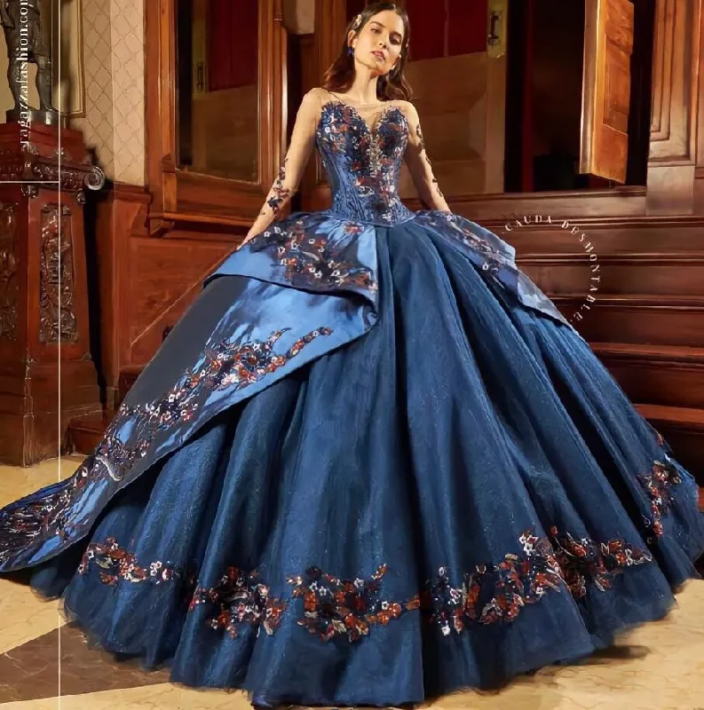 Mexican Navy blue Quinceanera Dresses long sleeve Flowers Lace Appliques Rhinestones Sweet 16 Dress Vestido De 15 Anos lace up Mexican Navy blue Quinceanera Dresses long sleeve Flowers Lace Appliques Rhinestones Sweet 16 Dress Vestido De 15 Anos lace up