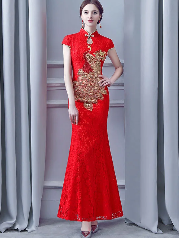 Red Lace Phoenix Fishtail Long Qipao / Cheongsam Wedding Dress