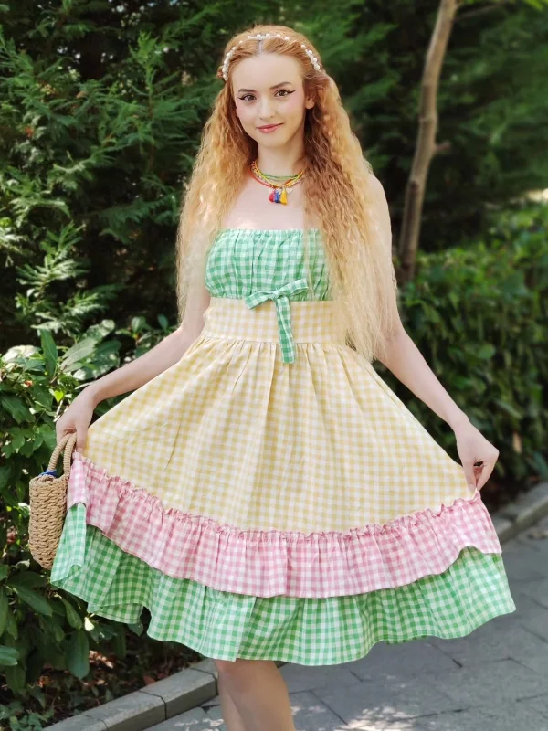 Multicolor 1950s Spaghetti Straps Plaid Patchwork Dress