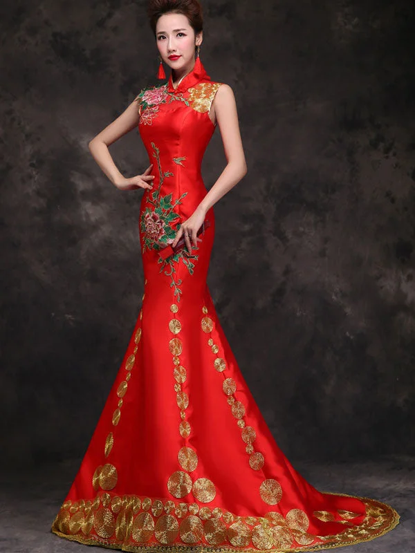Red Embroidered Trumpet Mermaid Qipao / Cheongsam Evening Dress