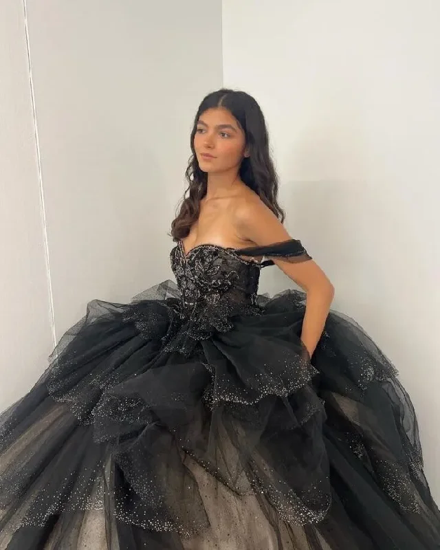 Black Gothic Princess Quinceanera Dresses Off Shoulder Sparkly Crystal Layers Skirt Corset vestido para 15 años adolecentes Black Gothic Princess Quinceanera Dresses Off Shoulder Sparkly Crystal Layers Skirt Corset vestido para 15 años adolecentes