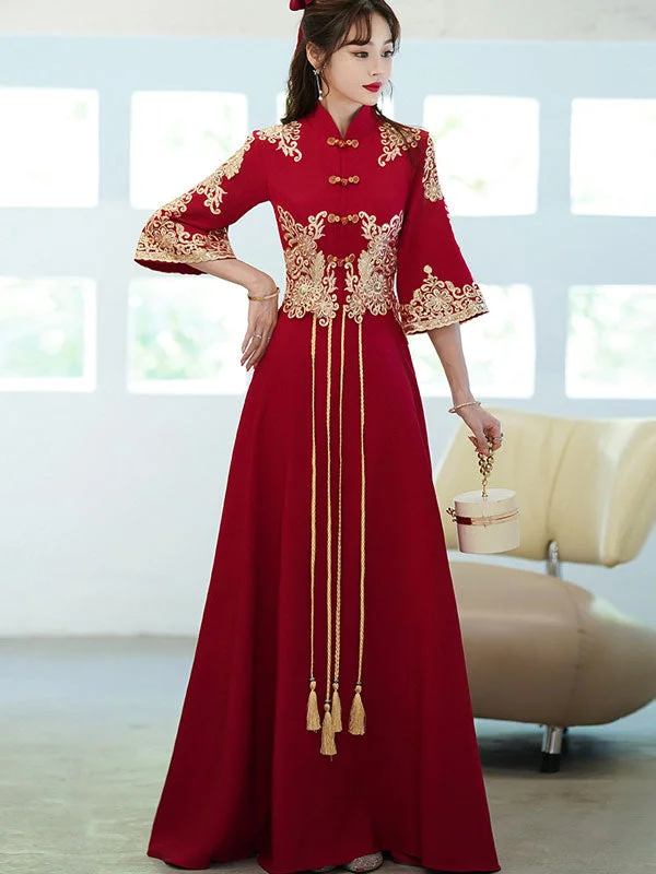Burgundy A-Line Wedding Qi Pao Cheongsam Dress with Bell Sleeve