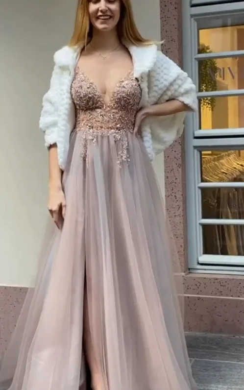 Festive dresses ball gowns prom dress long dusty pink tulle beads with slit spaghetti straps cg15737 Festive dresses ball gowns prom dress long dusty pink tulle beads with slit spaghetti straps cg15737