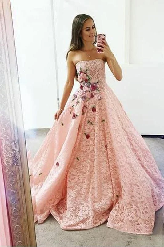 Strapless Pink Lace Long Ball Gown with Floral Embroidery Cheap Prom Dresses cg15824 Strapless Pink Lace Long Ball Gown with Floral Embroidery Cheap Prom Dresses cg15824