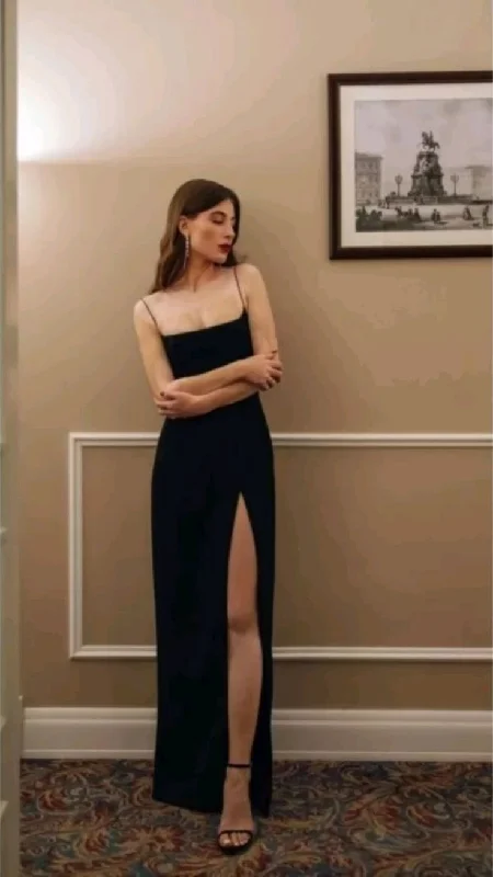 Black Spaghetti Straps Sheath Slit Long Prom Dress Sexy Evening Dress cc1860