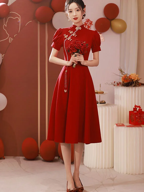 Burgundy A-Line Puff Sleeve Wedding Cheongsam Qi Pao Dress