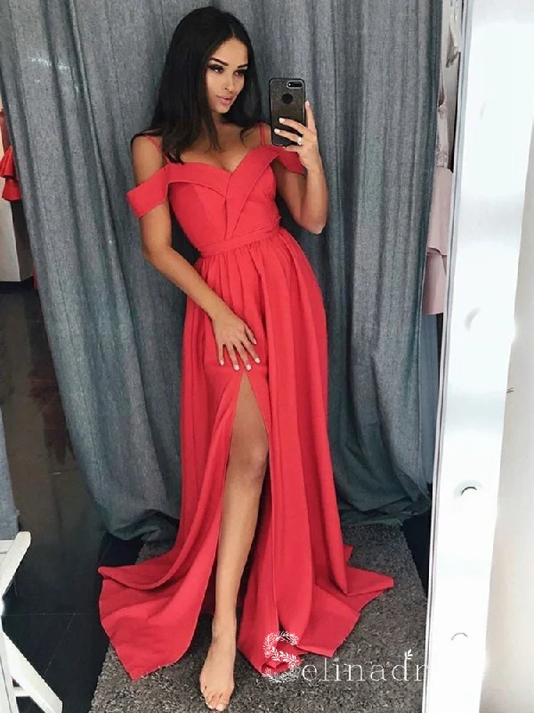 A-line Off-the-shoulder Cheap Long Prom Dress Watermelon Evening Dress CBD270