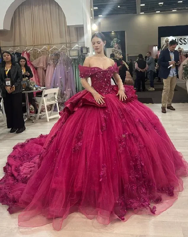 Fuchsia Pink Princess Quinceanera Dresses Off Shoudler Long Sleeve 3D Floral Crystal vestido de 15 quinceañeras 2024 Fuchsia Pink Princess Quinceanera Dresses Off Shoudler Long Sleeve 3D Floral Crystal vestido de 15 quinceañeras 2024