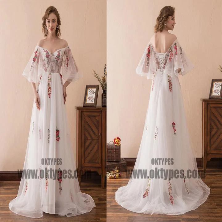 White Long mermaid Off Shoulder Half Sleeve Backless Lace Up Appliques Prom Dresses, TYP0503 White Long mermaid Off Shoulder Half Sleeve Backless Lace Up Appliques Prom Dresses, TYP0503