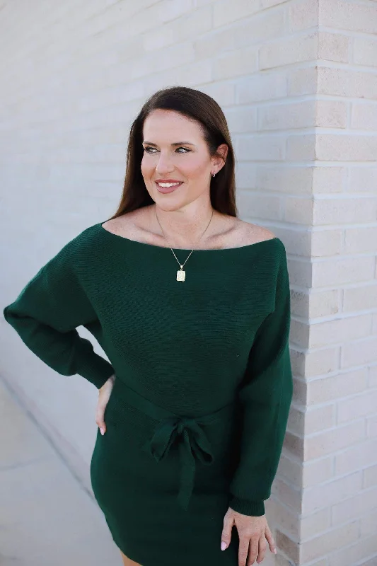 Sweet Anticipation Boatneck Sweater Dress- Hunter Green