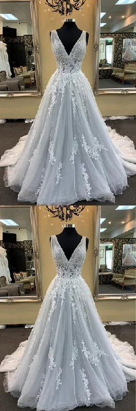Gray Tulle V Neck Long Lace Up Sweep Train Evening Dress, Prom Dress With Applique cg15910 Gray Tulle V Neck Long Lace Up Sweep Train Evening Dress, Prom Dress With Applique cg15910