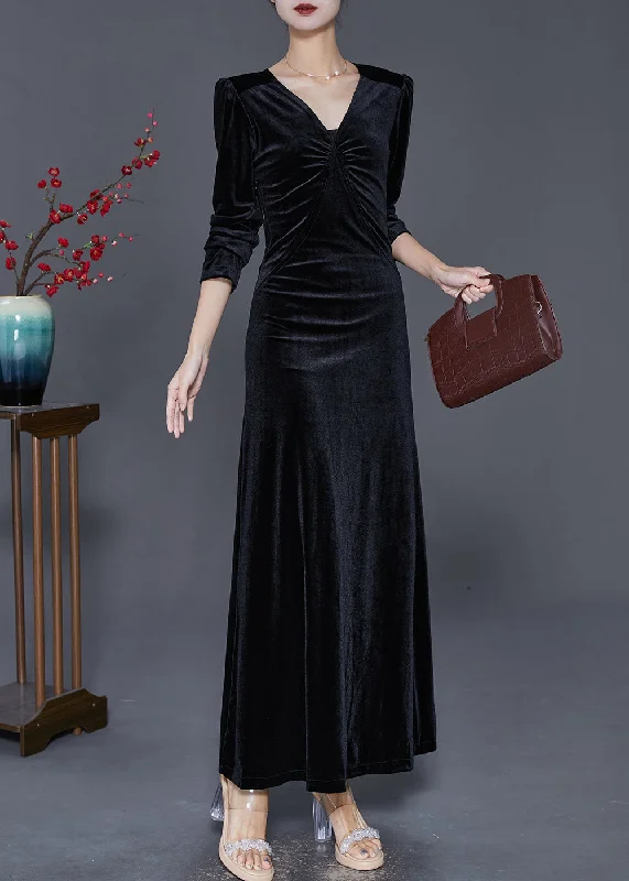Women Black V Neck Wrinkled Silk Velour Holiday Dress Fall