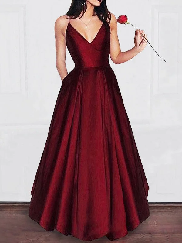 Red Long V-neck A-line Simple Princess Cheap Satin Prom Dresses, TYP1122