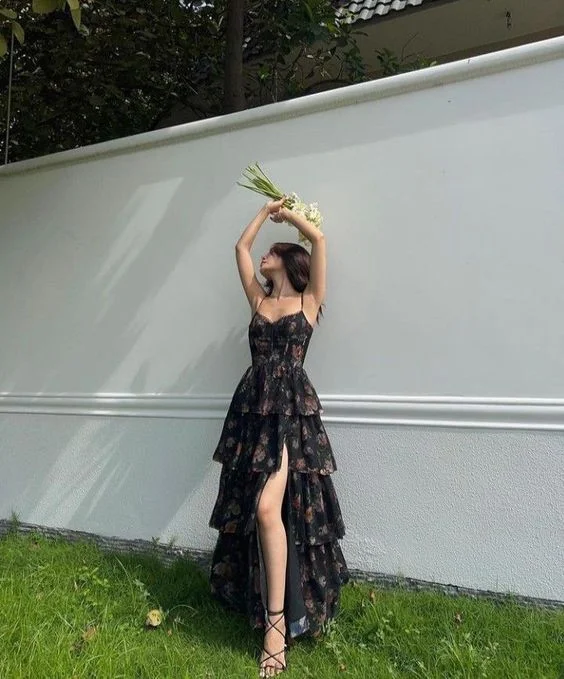 Beautiful Black Chiffon Print Floral Party Dress A Line Slit Layered Evening Dress cc1864 Beautiful Black Chiffon Print Floral Party Dress A Line Slit Layered Evening Dress cc1864