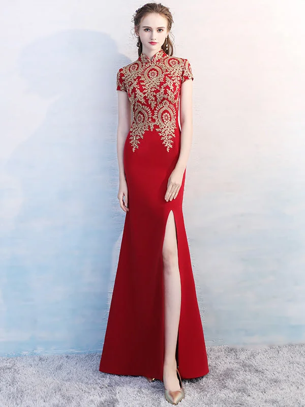 Red Long Qipao / Cheongsam Evening Dress with Gold Appliques