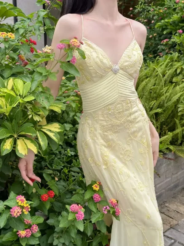 Beautiful Mermaid Spaghetti Straps Yellow Chiffon Beaded Prom Dress Long Party Evening Dress cc1845 Beautiful Mermaid Spaghetti Straps Yellow Chiffon Beaded Prom Dress Long Party Evening Dress cc1845