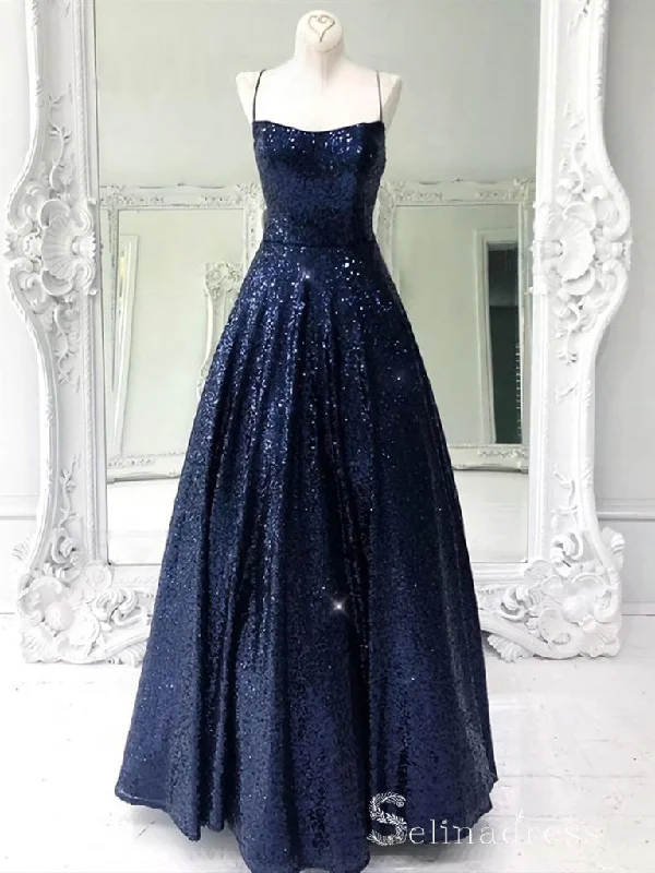 Chic A-line Spaghetti Straps Dark Navy Long Prom Dresses Sequins Evening Dress CBD221 Chic A-line Spaghetti Straps Dark Navy Long Prom Dresses Sequins Evening Dress CBD221
