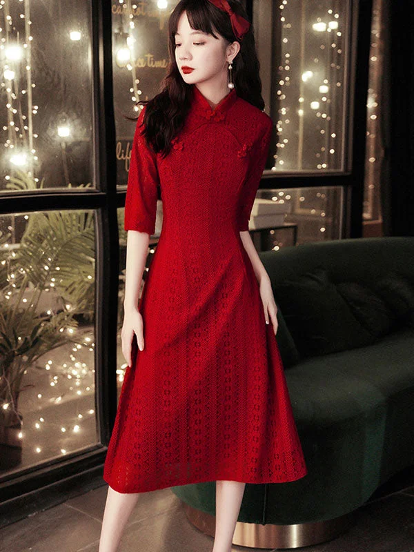 Burgundy Lace A-Line Qi Pao Cheongsam Wedding Dress