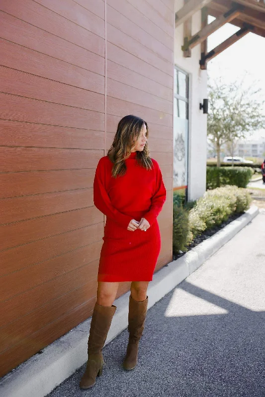 Ribbed Mock Neck Long Sleeve Dress- Red WH