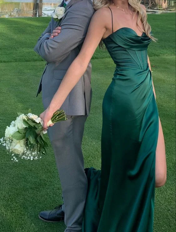 Pretty Mermaid Spaghetti Straps High Slit Prom Dress Dark Green Party Evening Gown cc1803 Pretty Mermaid Spaghetti Straps High Slit Prom Dress Dark Green Party Evening Gown cc1803