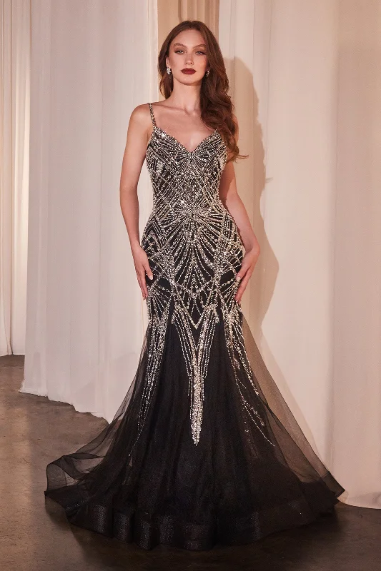 CINDERELLA DIVINE 9317 Embellished Black Mermaid Dress